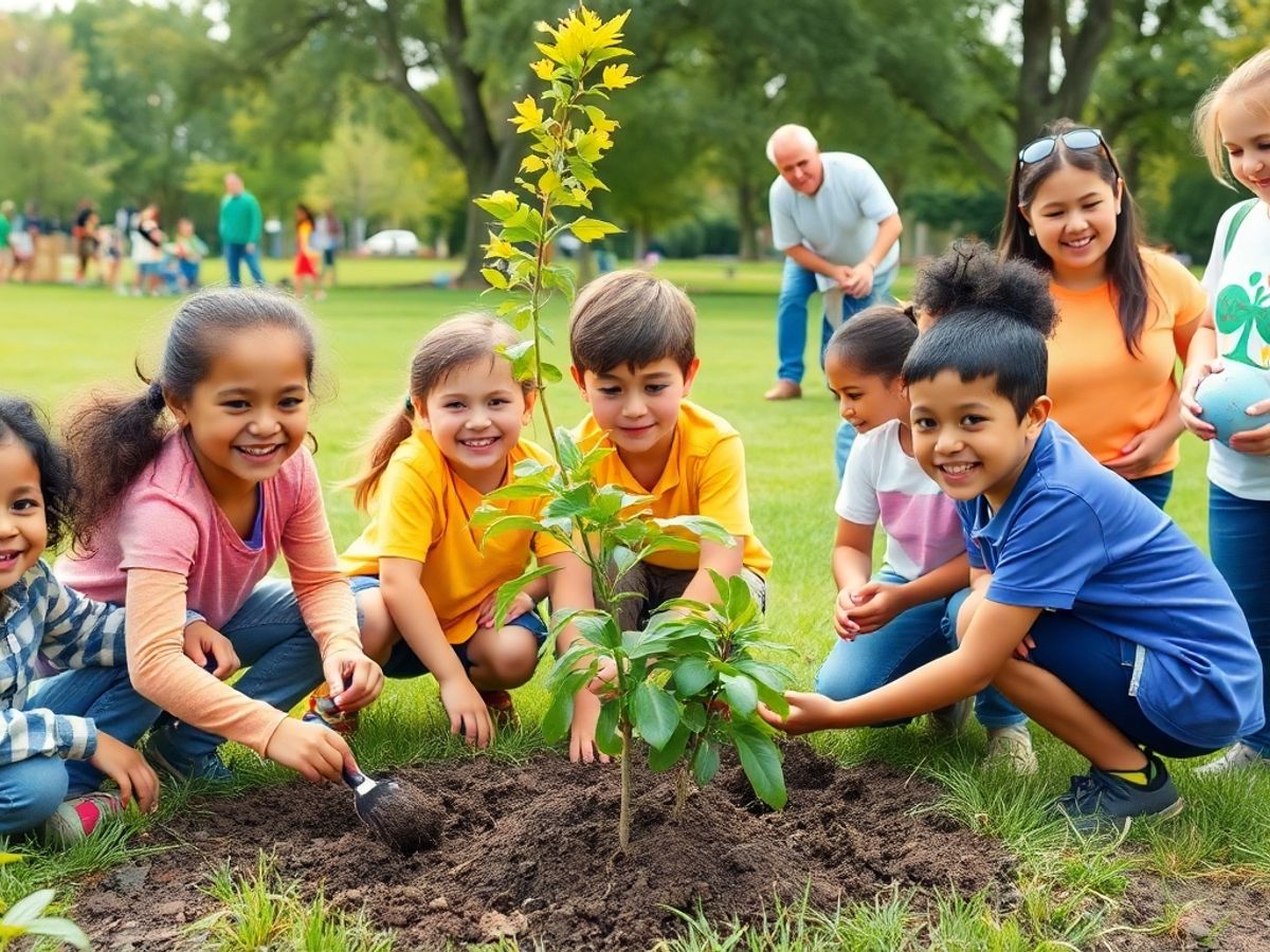 Copii implicându-se în activități comunitare cu zâmbete.
