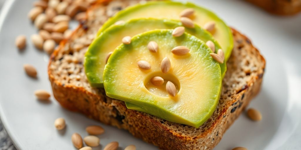 Slice of multi-grain bread with healthy toppings.
