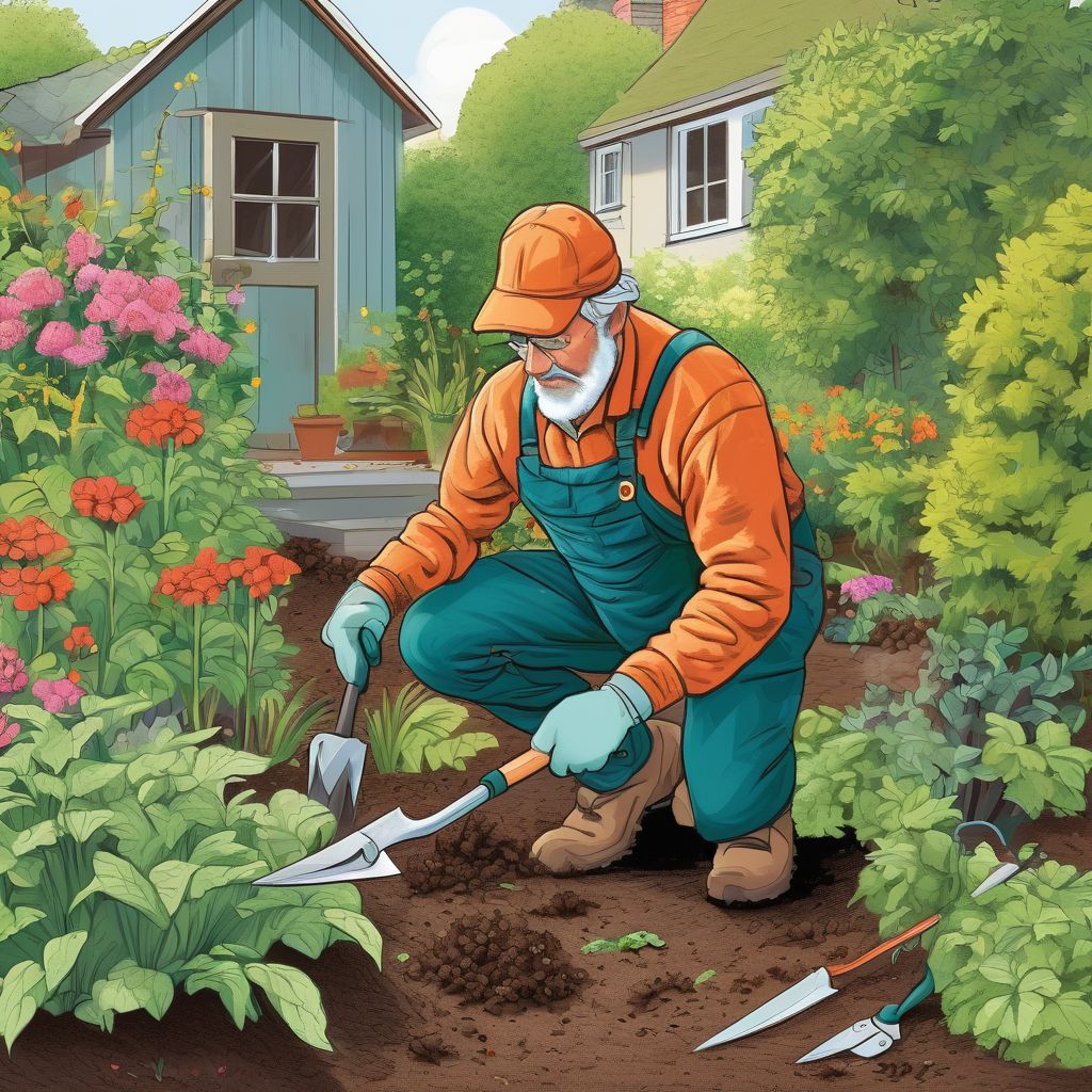 gardener using high-quality hand tools for pruning, digging, and weeding in a lush garden
