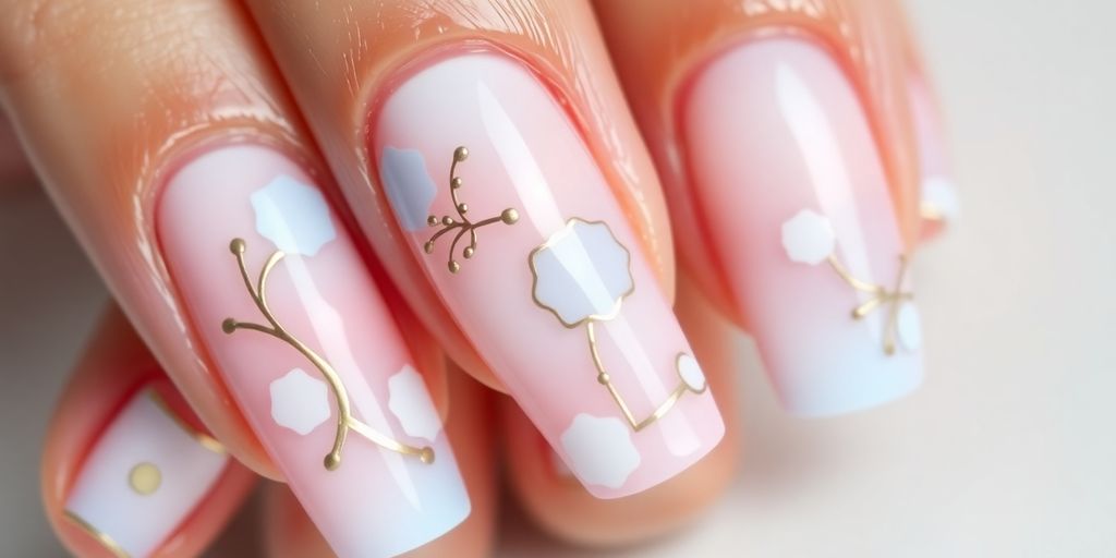 Unhas em gel decoradas com cores claras e designs elegantes.