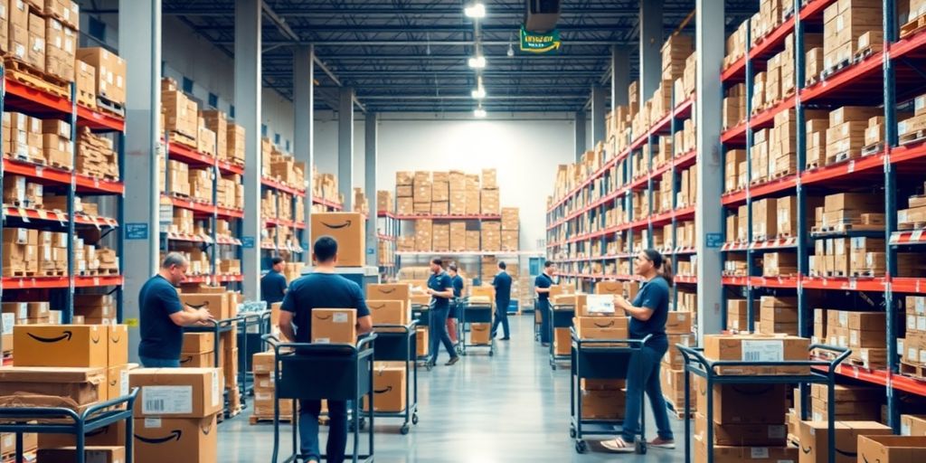 Amazon warehouse with workers handling packages and products.
