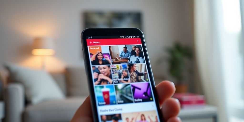 Telefone com feed de notícias e ícones coloridos.