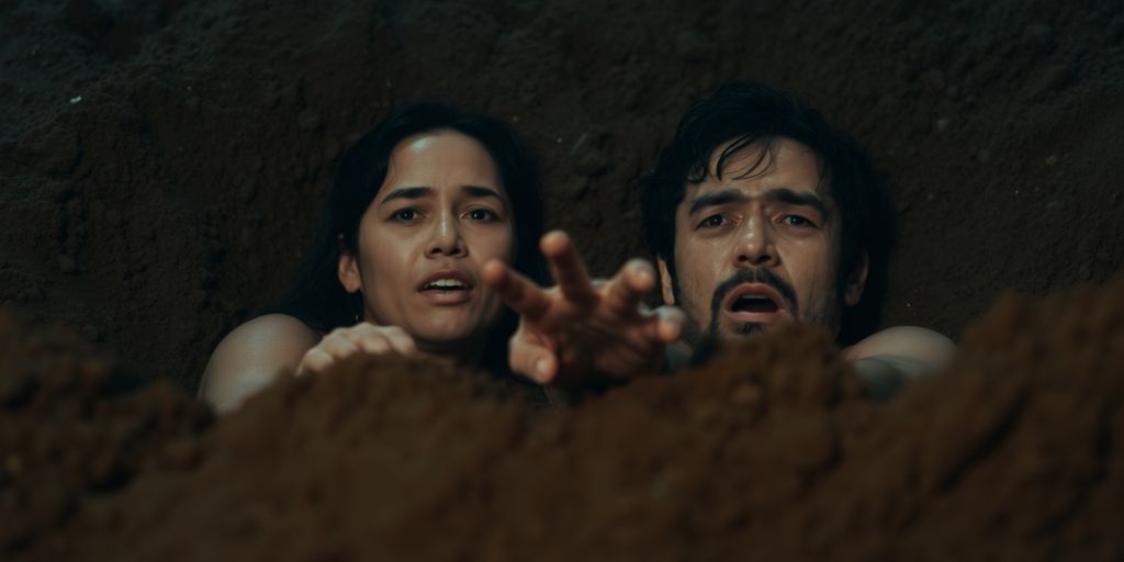 Two figures buried in the ground.