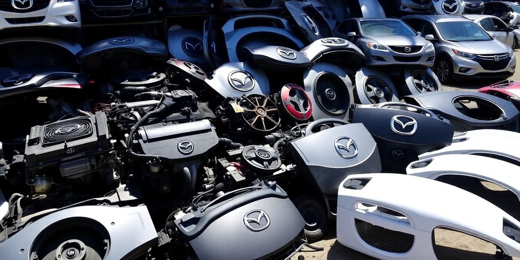 Mazda car parts organized in a wrecking yard.