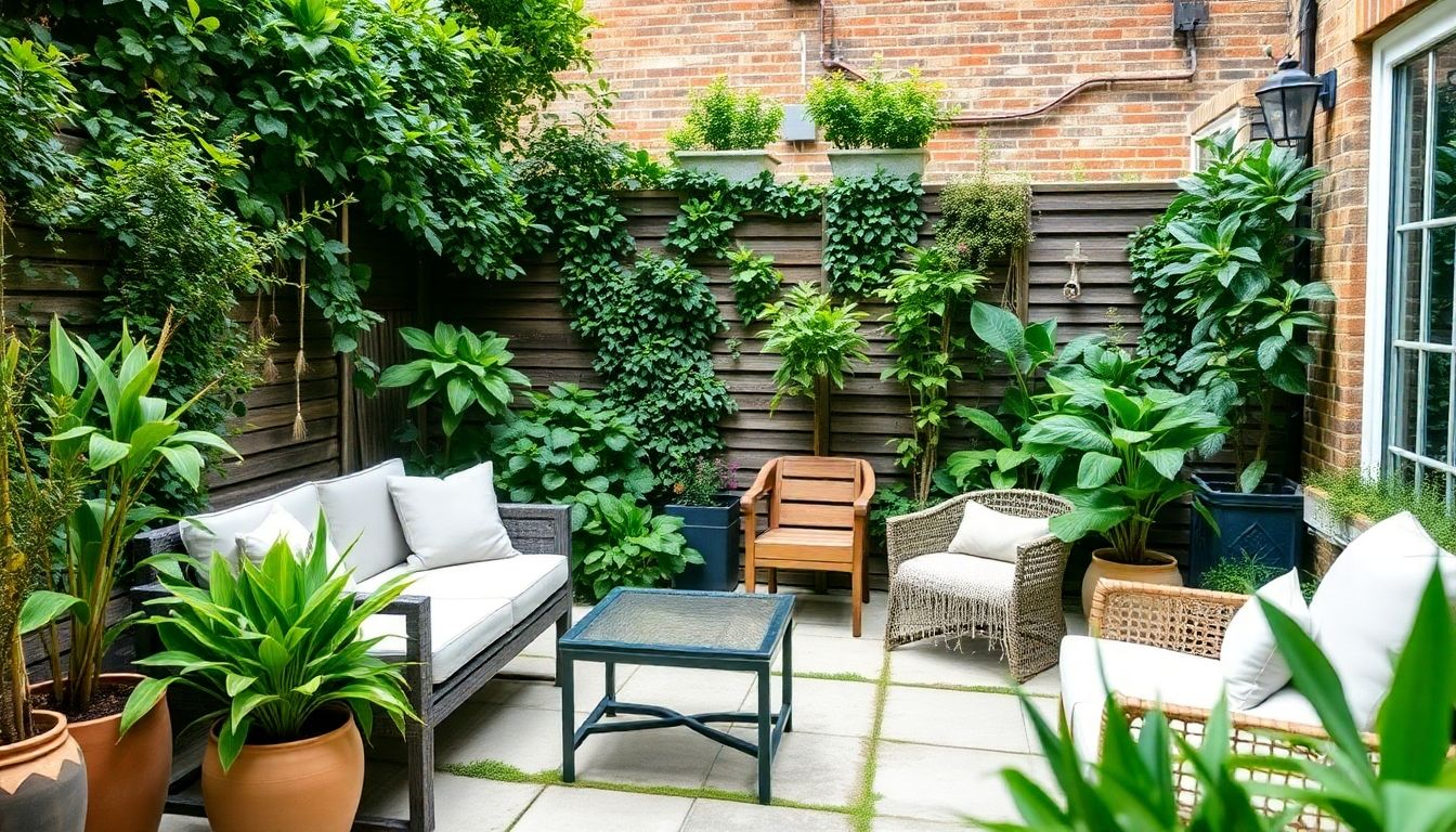 Low-maintenance garden with stylish furniture and greenery.
