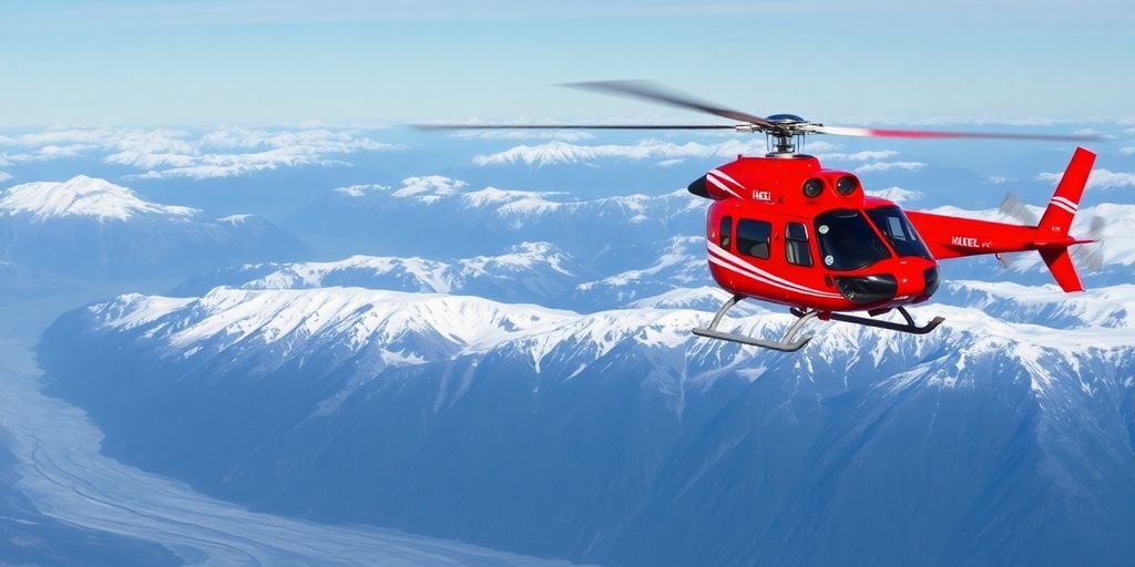 A red helicopter flying over snowy Alaskan mountains and glaciers.