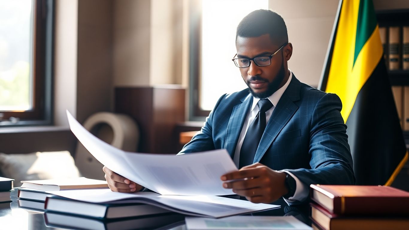 Jamaican lawyer reviewing property documents with sunlight.