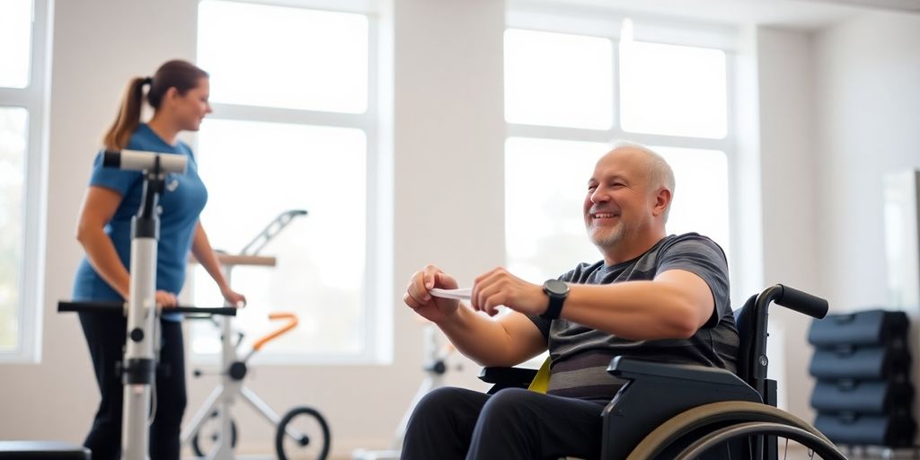 Man in wheelchair smiles with physical therapist.