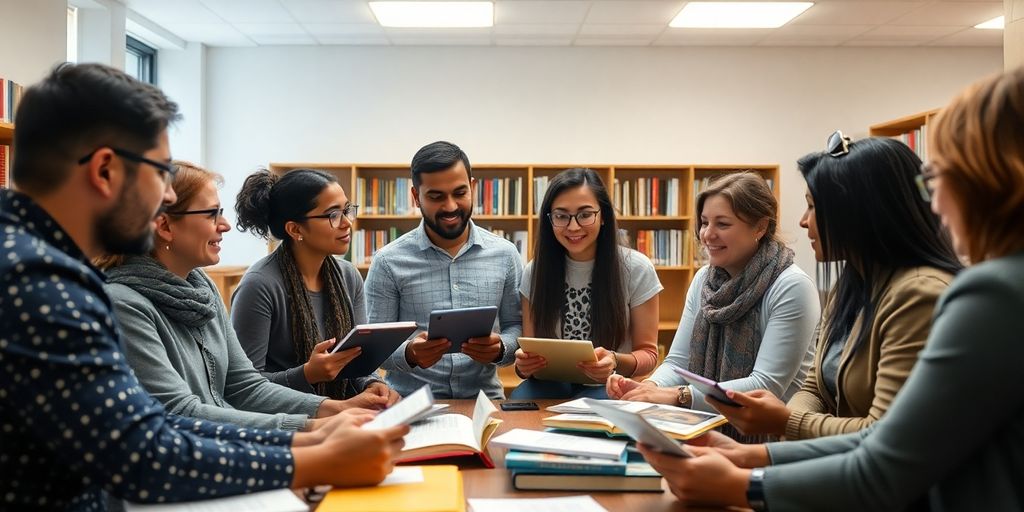 Group of academics discussing translation services in a library.