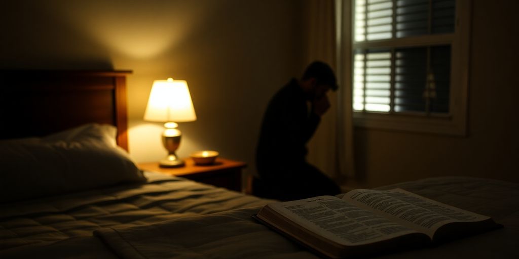 Silhouette of a person praying in a peaceful bedroom.