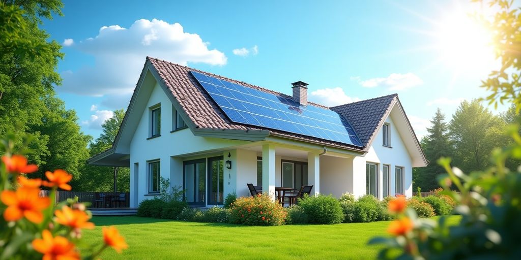 Modern home with solar panels and greenery.