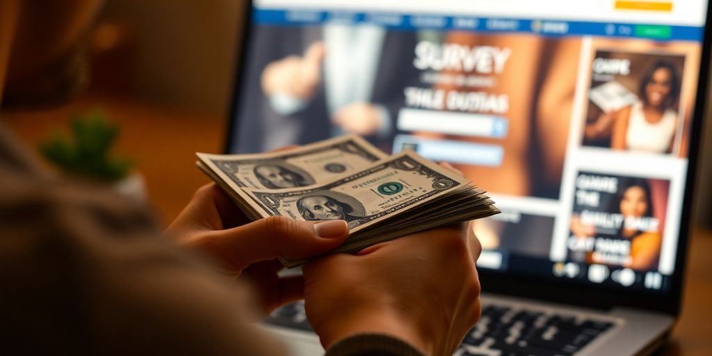 Person smiling, holding cash, online