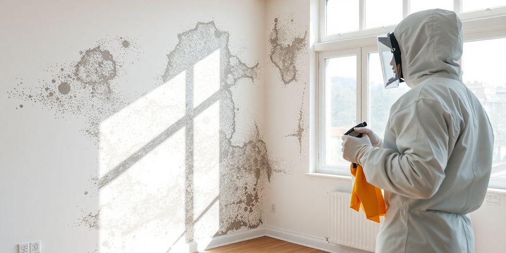 Person cleaning mold in a water-damaged room.