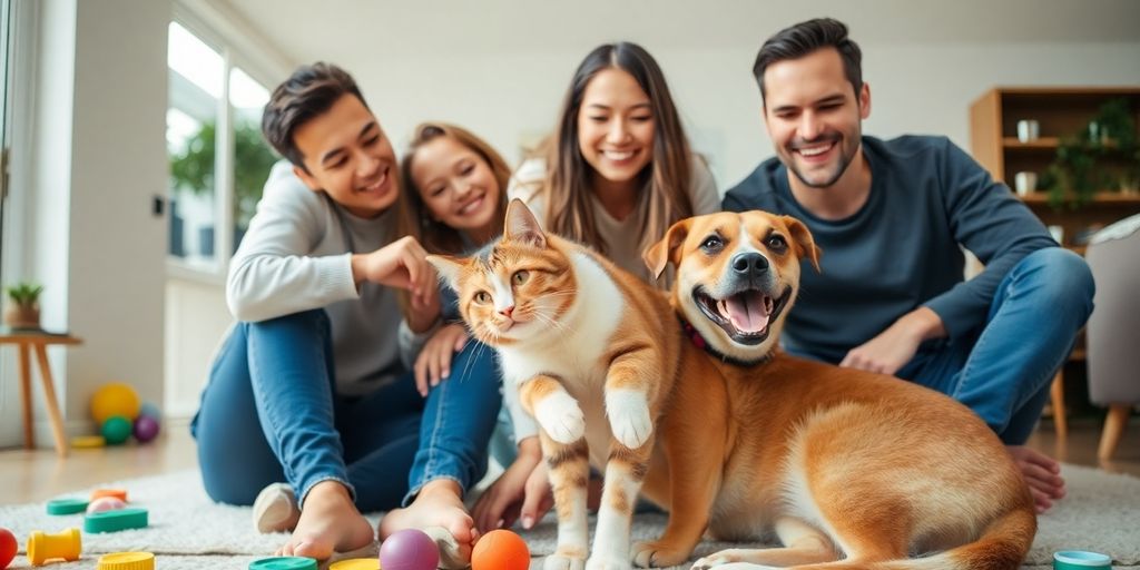 Family with cat and dog playing together happily.