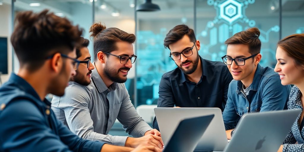 Diverse blockchain developers collaborating in a modern office.