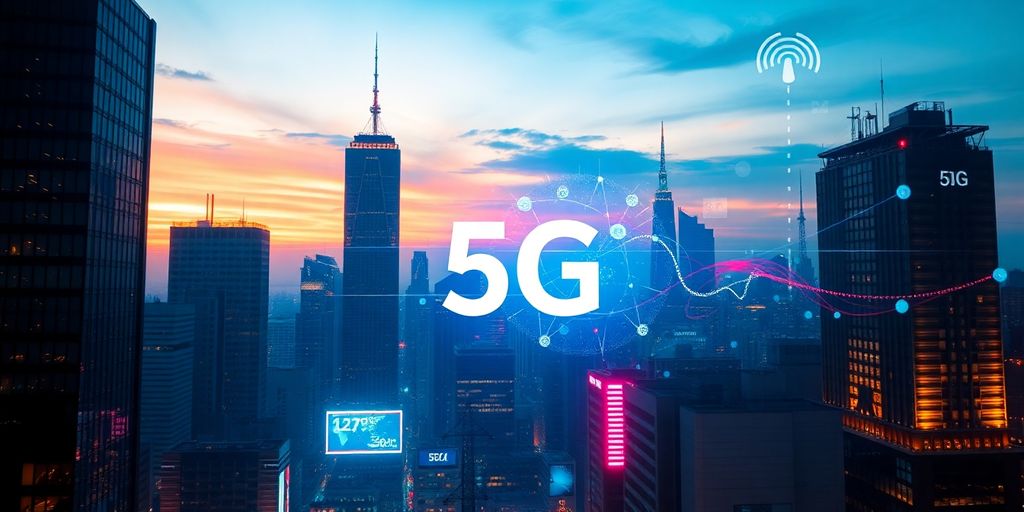 City skyline with glowing 5G connectivity signals at dusk.