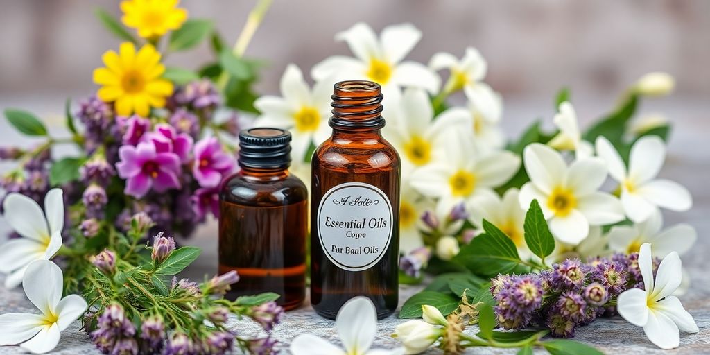Óleos essenciais para cabelo com ervas e flores frescas.