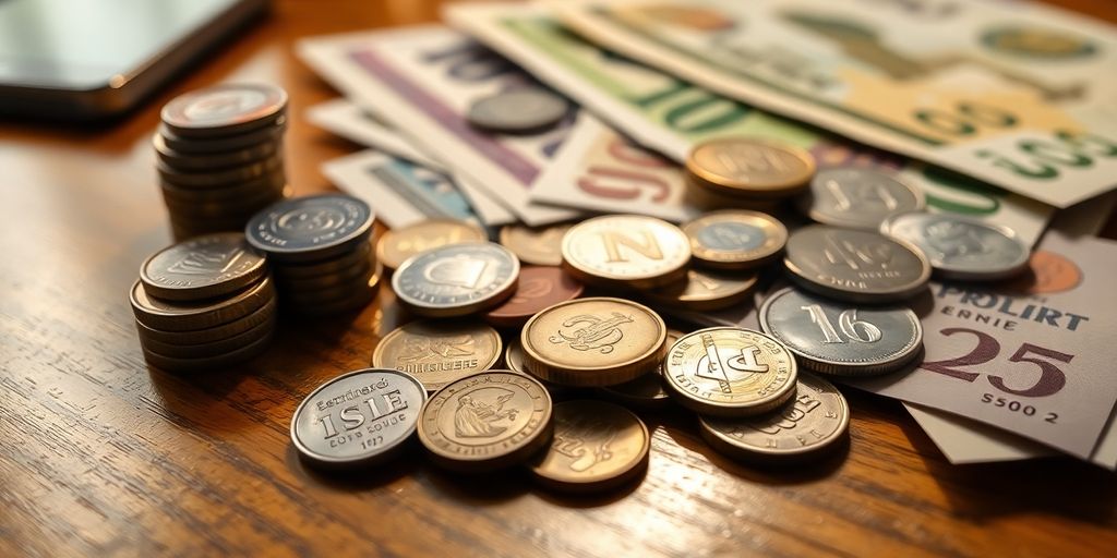 Coins and currency on a wooden desk.