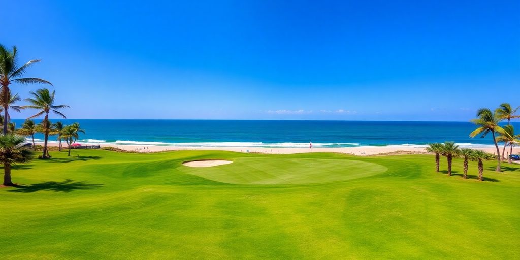 Green golf course, sand traps, ocean background.