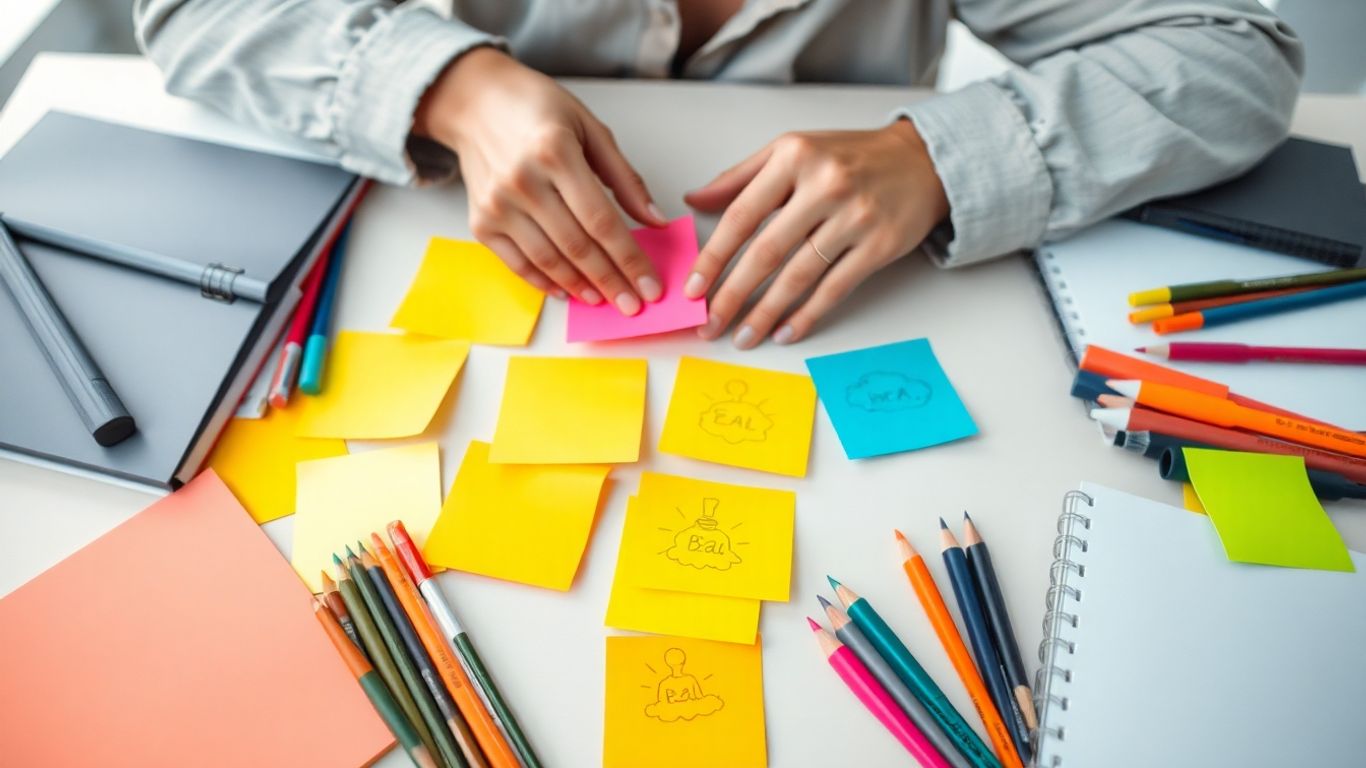 Person brainstorming with colorful creative supplies on desk