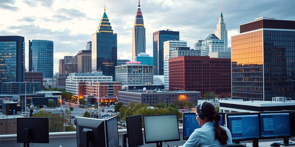 Nashville cityscape with tech support team