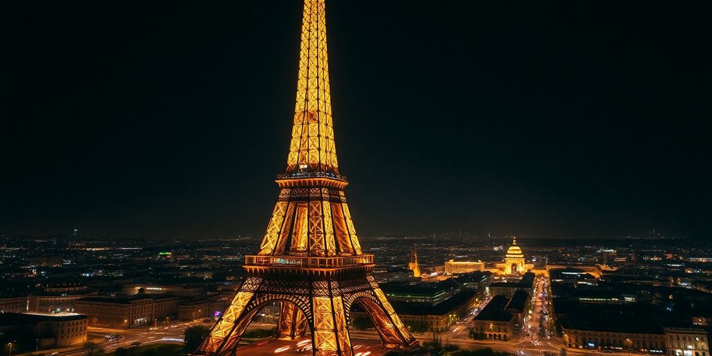 Eiffel Tower illuminated against a starry night sky.