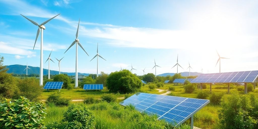 A landscape with wind turbines and solar panels in nature.