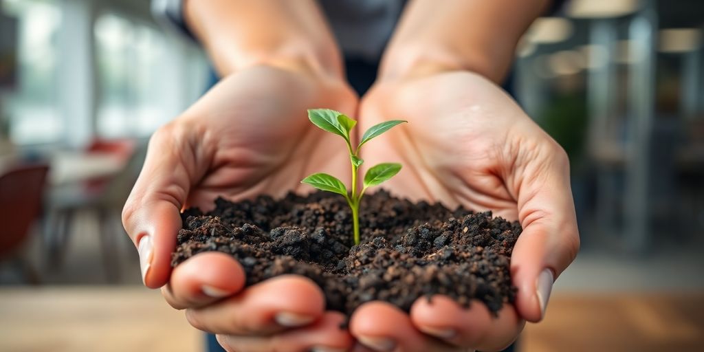 Hands nurturing a small plant in an office setting.