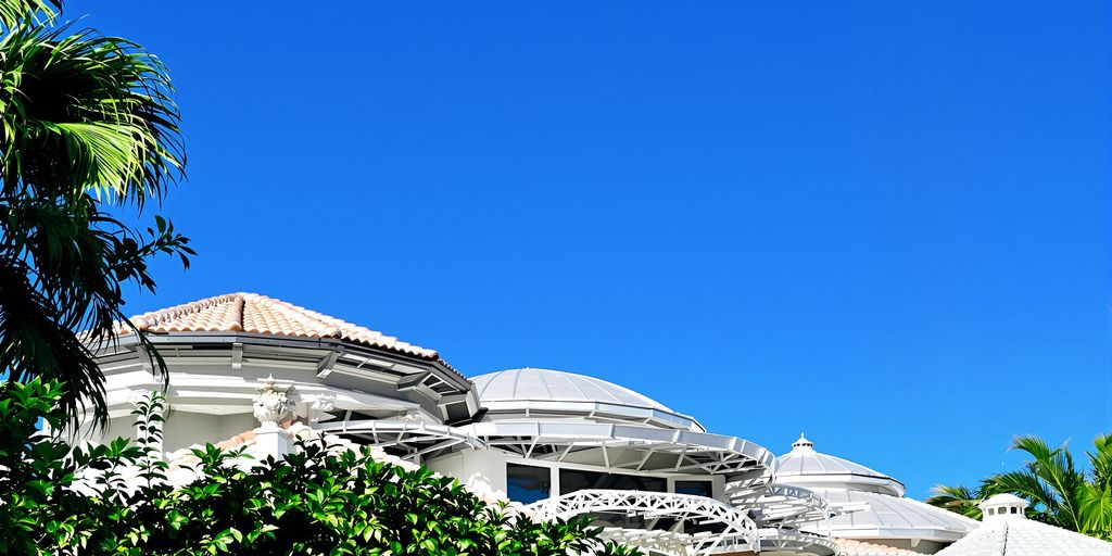 Miami mansion rooftop with elegant tile and metal roofing.