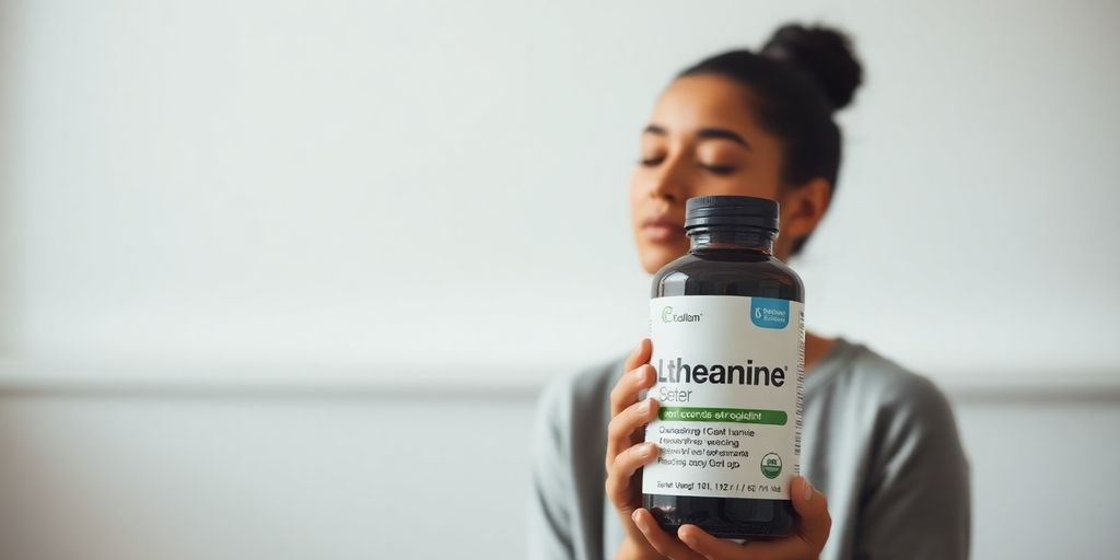 Person peacefully relaxing with L-theanine supplement.