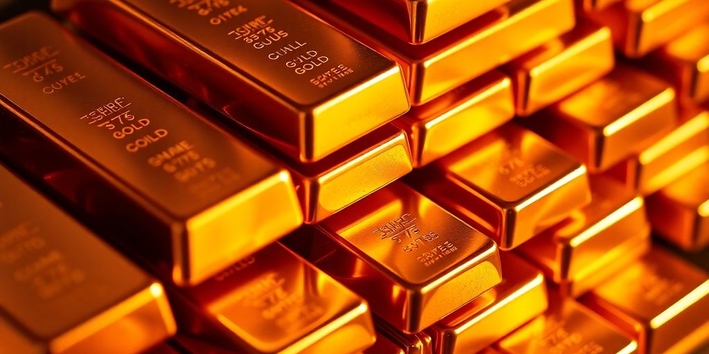 Barres d'or brillantes empilées sur un fond sombre.