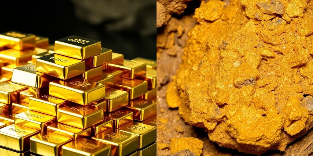 Lingots d'or et minerai brut dans des environnements contrastés.
