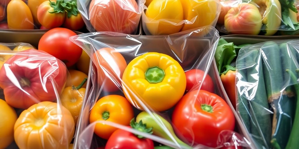 Colourful food items within clear protective packaging.