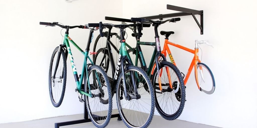 Organized bike rack holding six bicycles in storage.