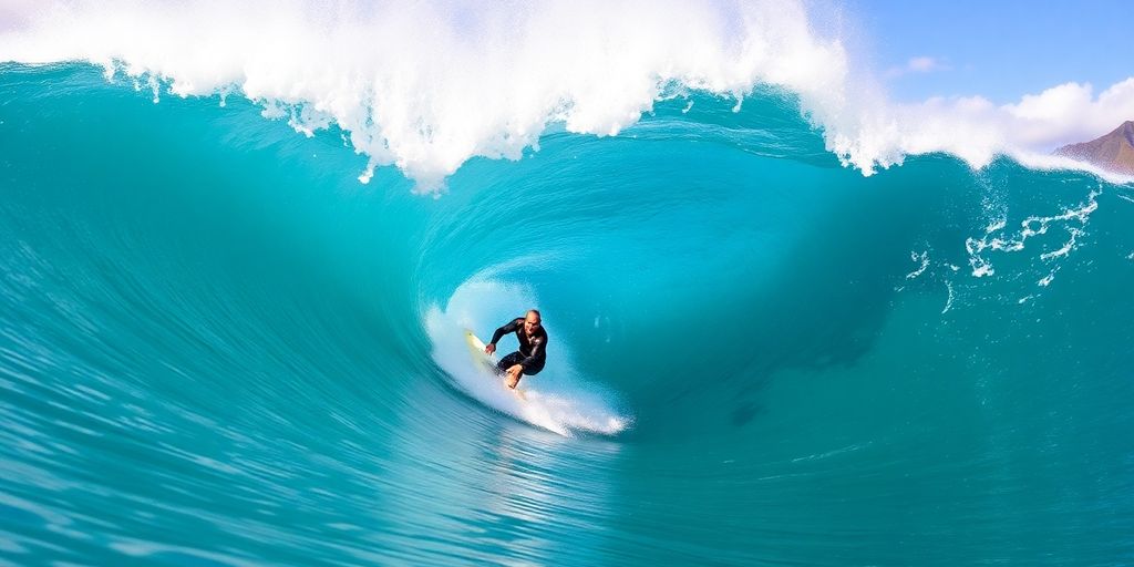 An expert surfer carving a massive wave in Maui, Hawaii.