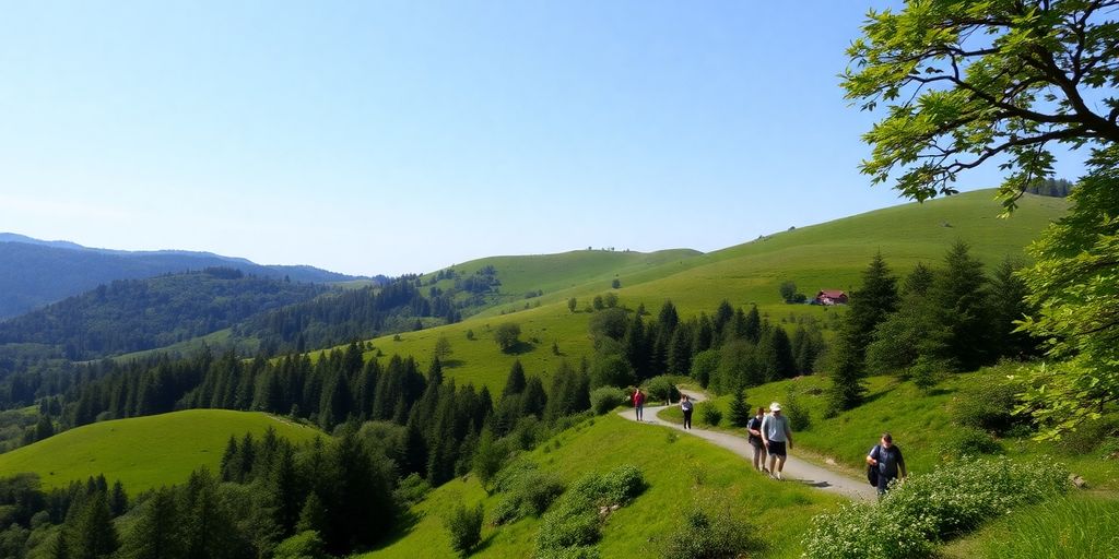 Peisaj rural verde cu turiști explorând natura.