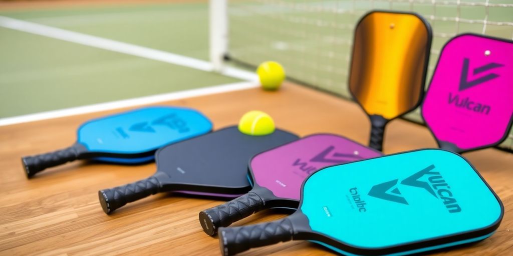 Colorful Vulcan pickleball paddles on a wooden court.