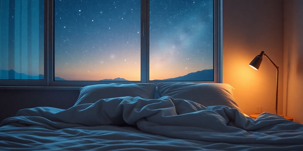 Cozy bedroom with soft lighting and peaceful night view.