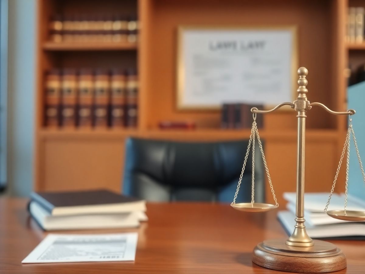 Birou de avocat cu cărți de drept și un cântar.