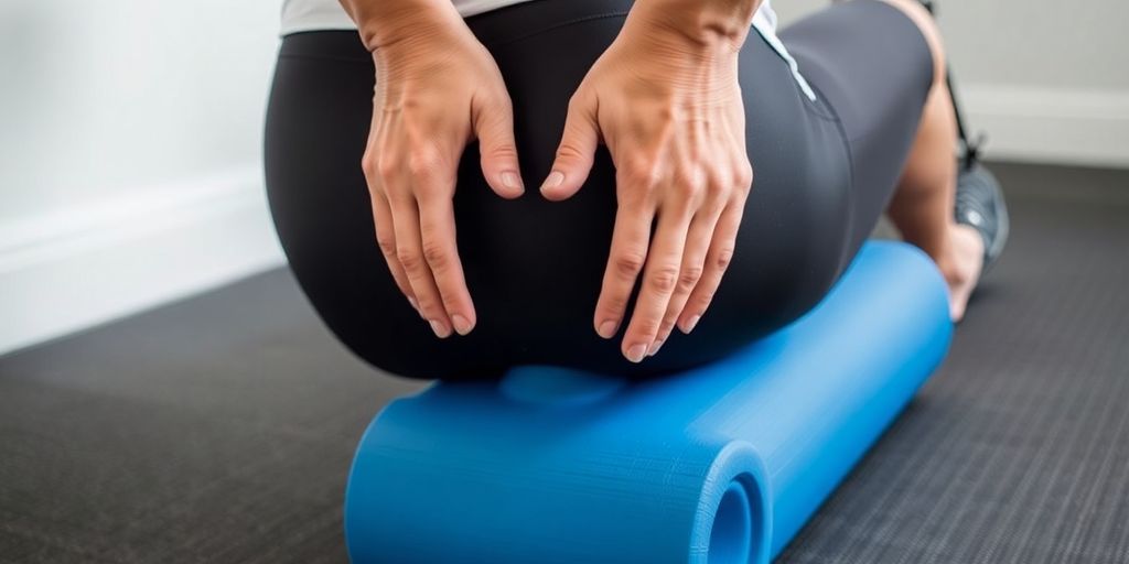 Cyclist foam rolling hip flexor on blue roller.