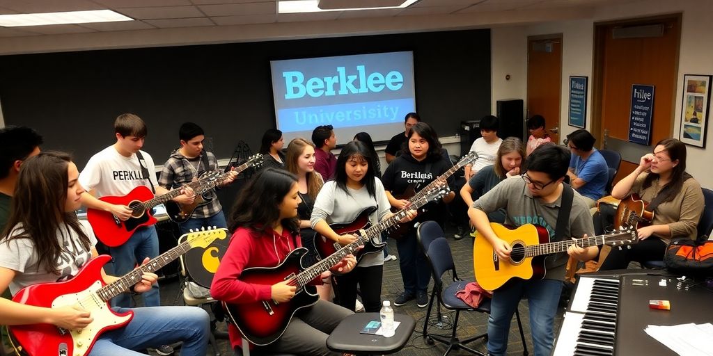 Students collaborating in a music classroom at Berklee.