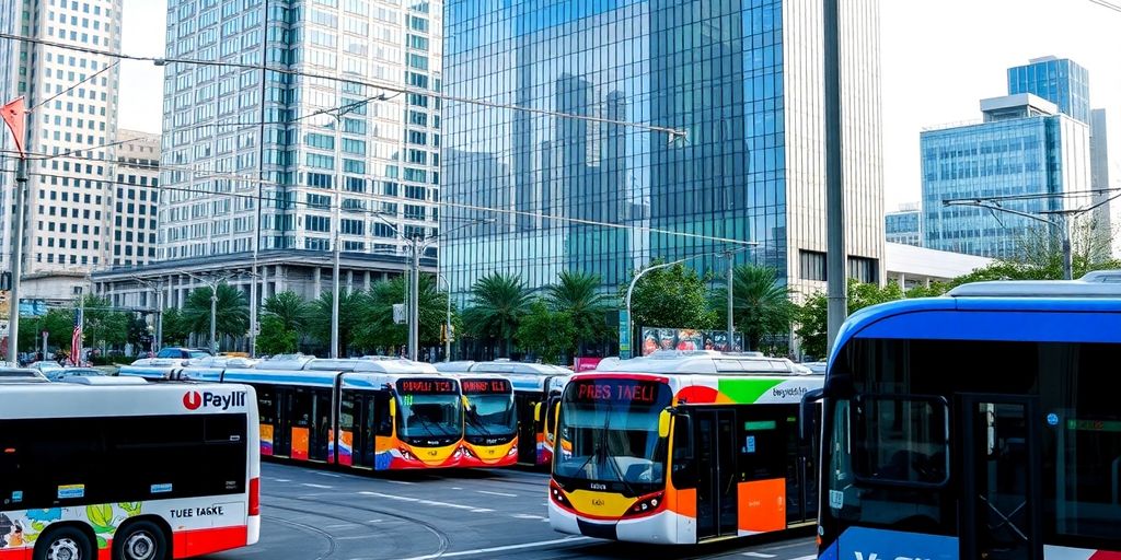 Cityscape with public transport and serviced office buildings.