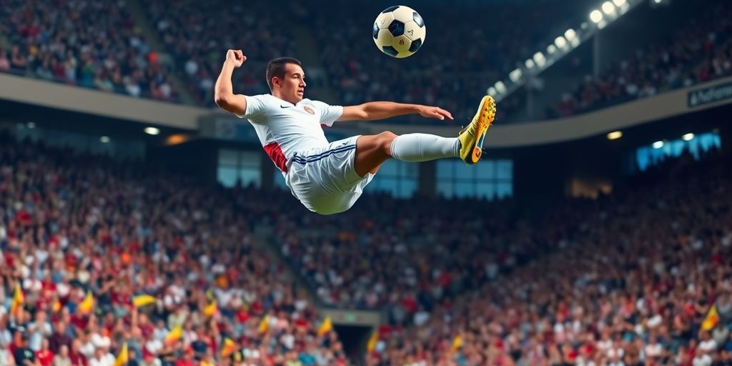 Soccer player performing a bicycle kick in mid-air.