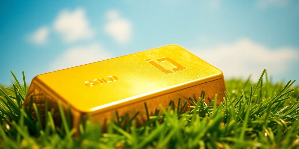 Barre d'or sur l'herbe verte, ciel bleu en arrière-plan.