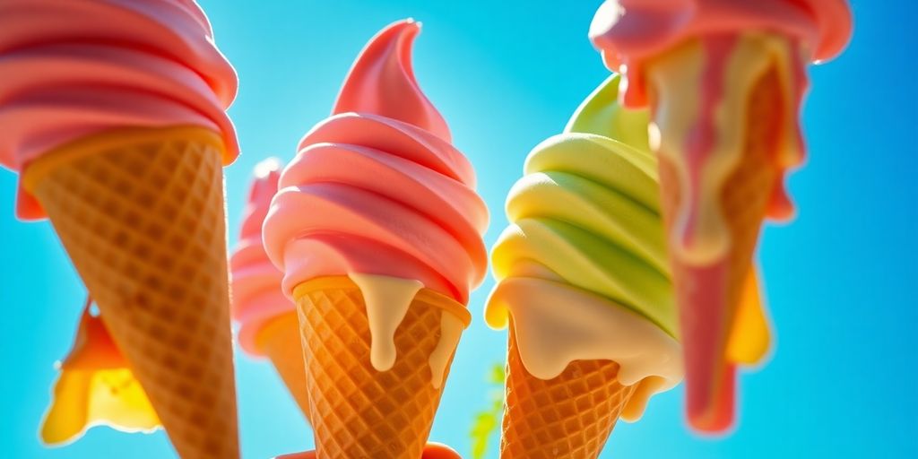 Colorful ice cream cones on a sunny day.