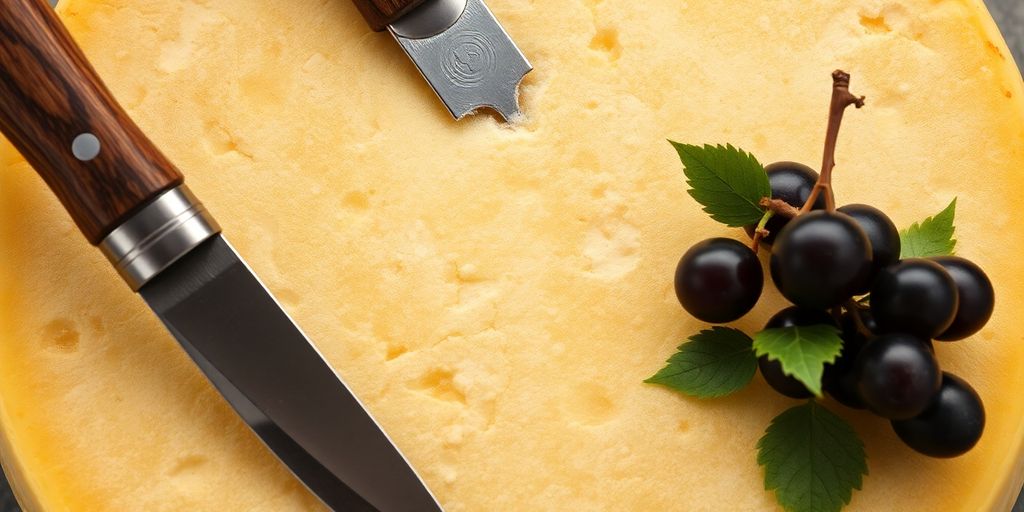 Formaggio Bagòss stagionato con coltello e uva
