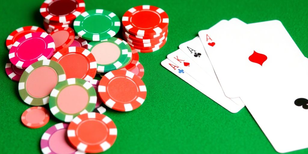 Stacked casino chips and playing cards on a felt surface.