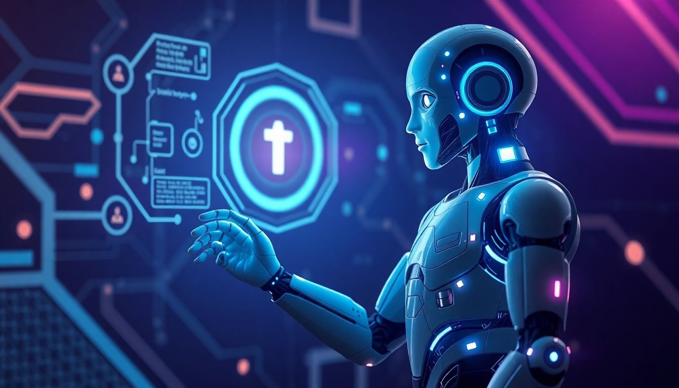 Futuristic robot engaging with digital elements, illustrating AI agency.
