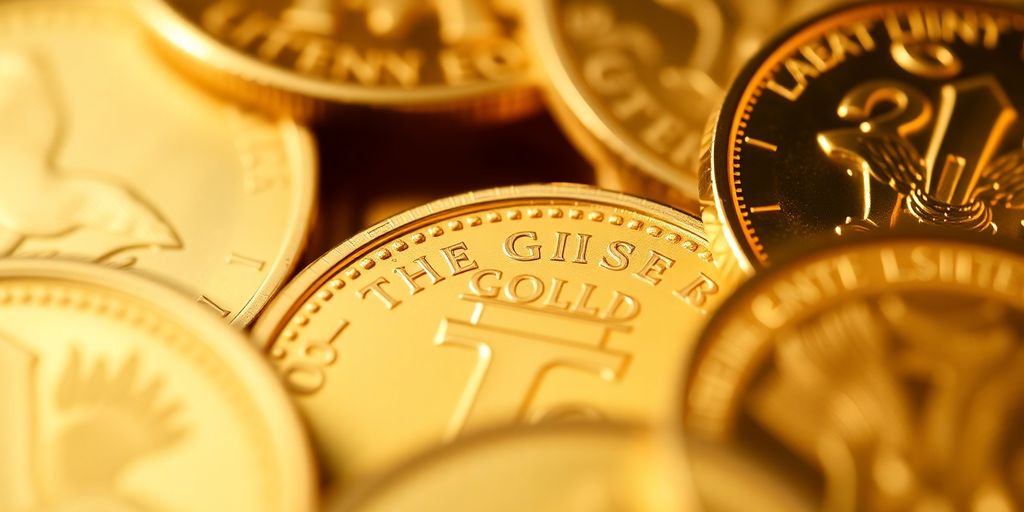 Pièces d'or de différentes qualités sur fond flou.
