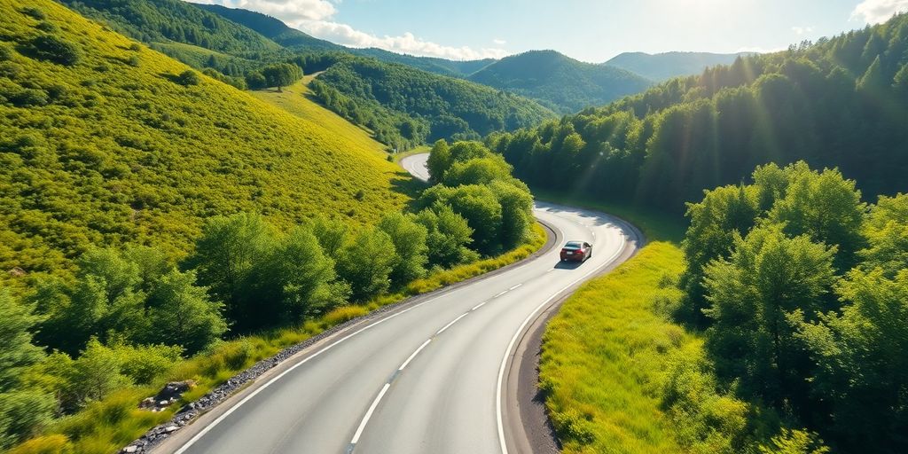 Car driving on a winding road through green landscape.